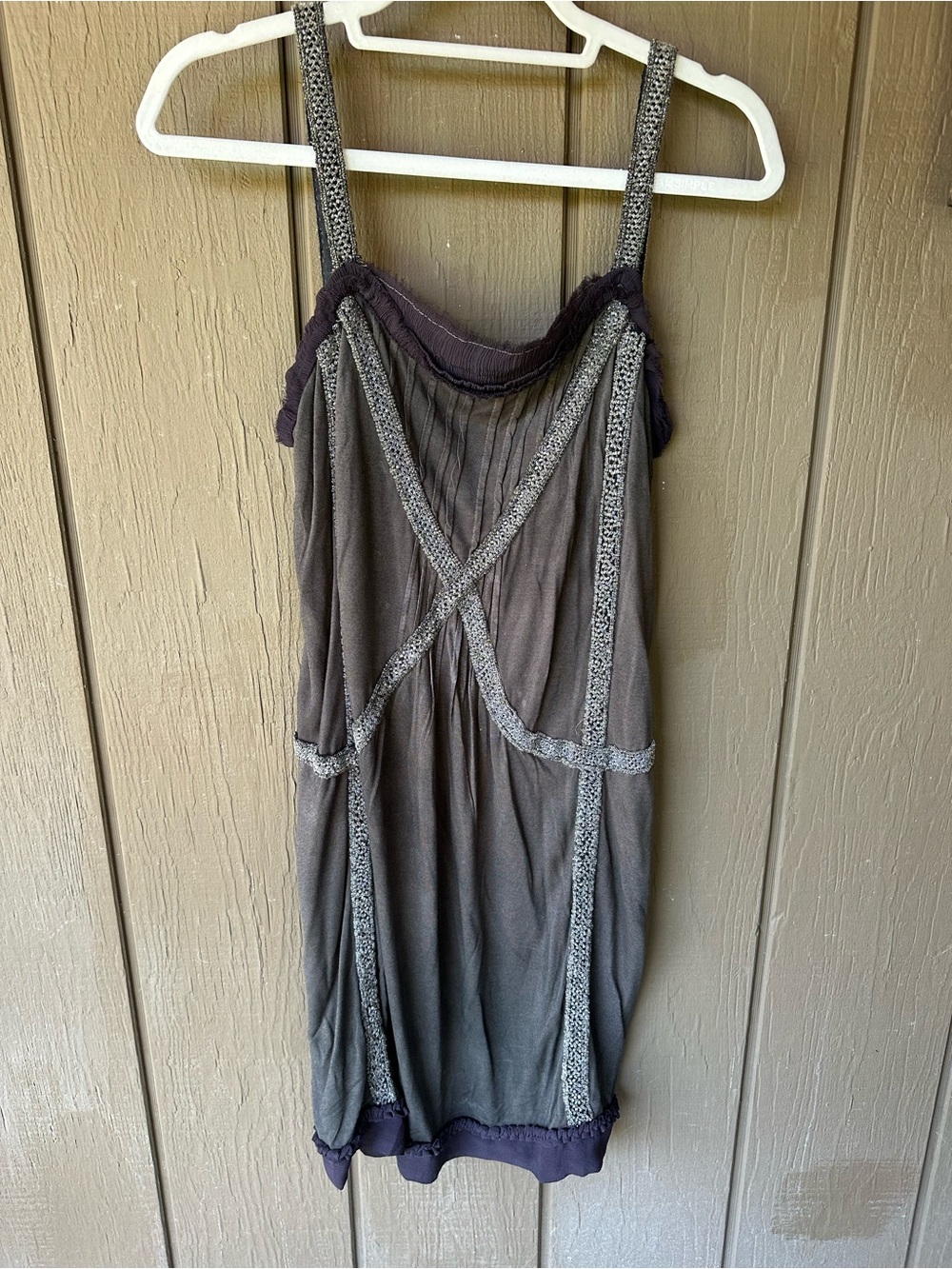 Sleeveless Silk Beaded Embroidered Strappy Dress in Slate Gray with Trim